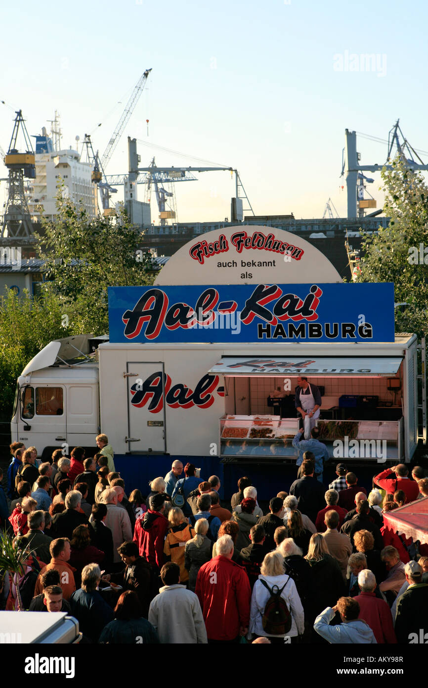 Market stand 'Aale Kai' on the Hamburger Fischmarkt, Altona, Hamburg, Germany Stock Photo