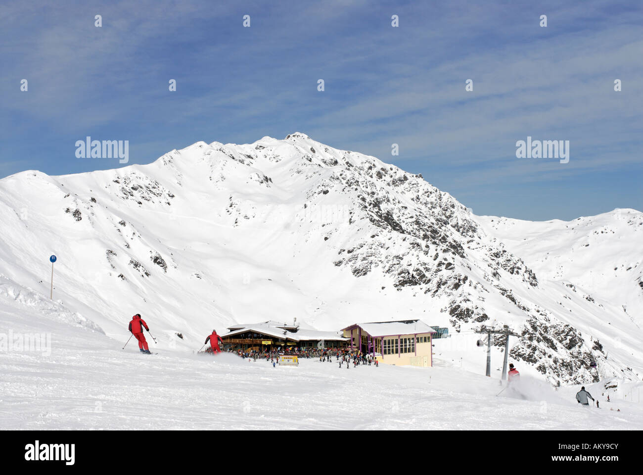 Hochfuegen in the Zillertal skiing area Tyrol Austria Lamarkalm Stock Photo