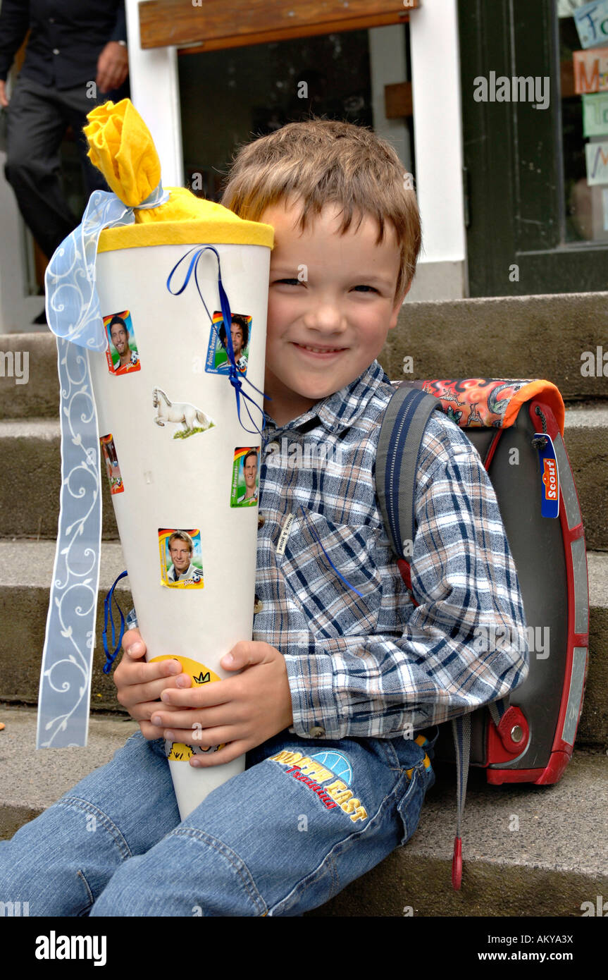 Schoolboy with schoolcone at his first day at school Stock Photo