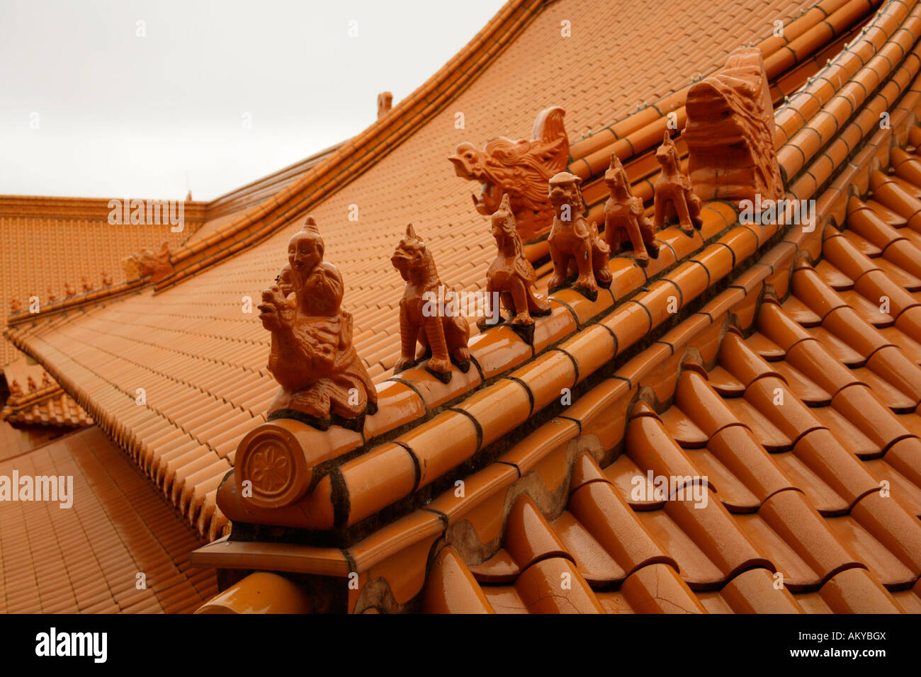 Traditional Buddhist Temple roof top tiles and symbolic figures, Nan Tien Temple, Berkeley,New South Wales. Stock Photo