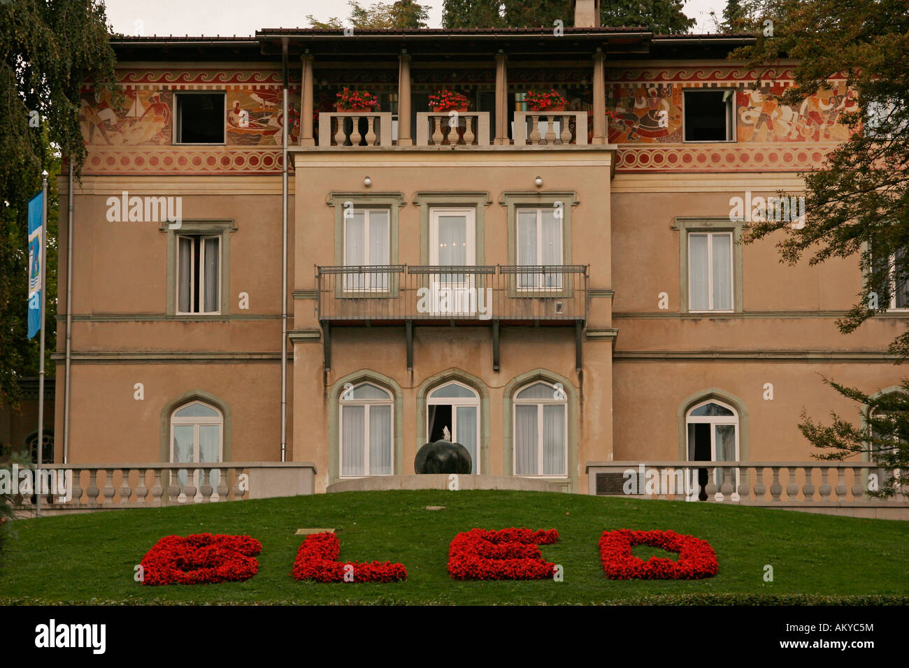 House at Lake Bled with writing Bled made of flowers, Bled, Slovenia