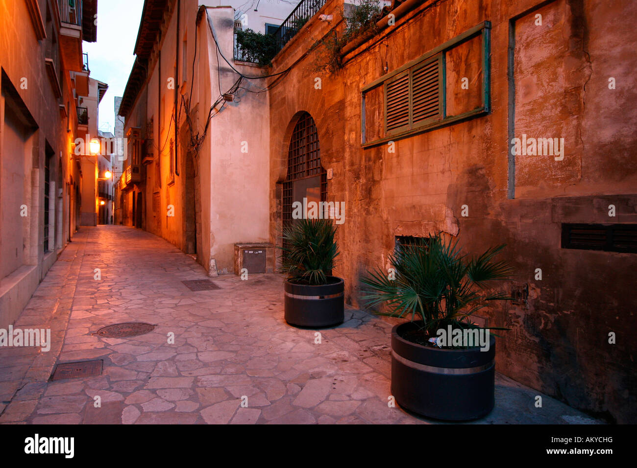 Narrow lane in the old town of Palma de Mallorca, Majorca, Spain, Europe Stock Photo