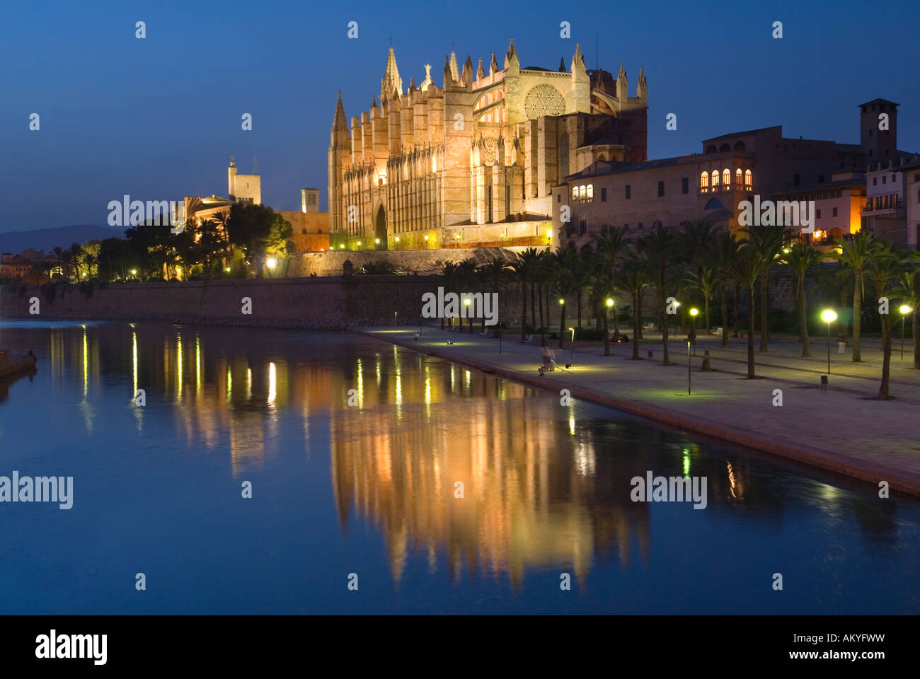 The Cathedral at night, Palma, Mallorca, Balearics, Mediterranean, Spain, Europe Stock Photo