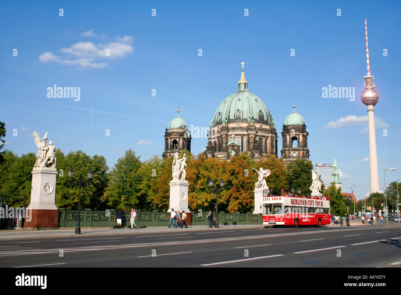 Schlossbruecke (palace bridge), Cathedral of Berlin and television tower, Berlin, Germany Stock Photo