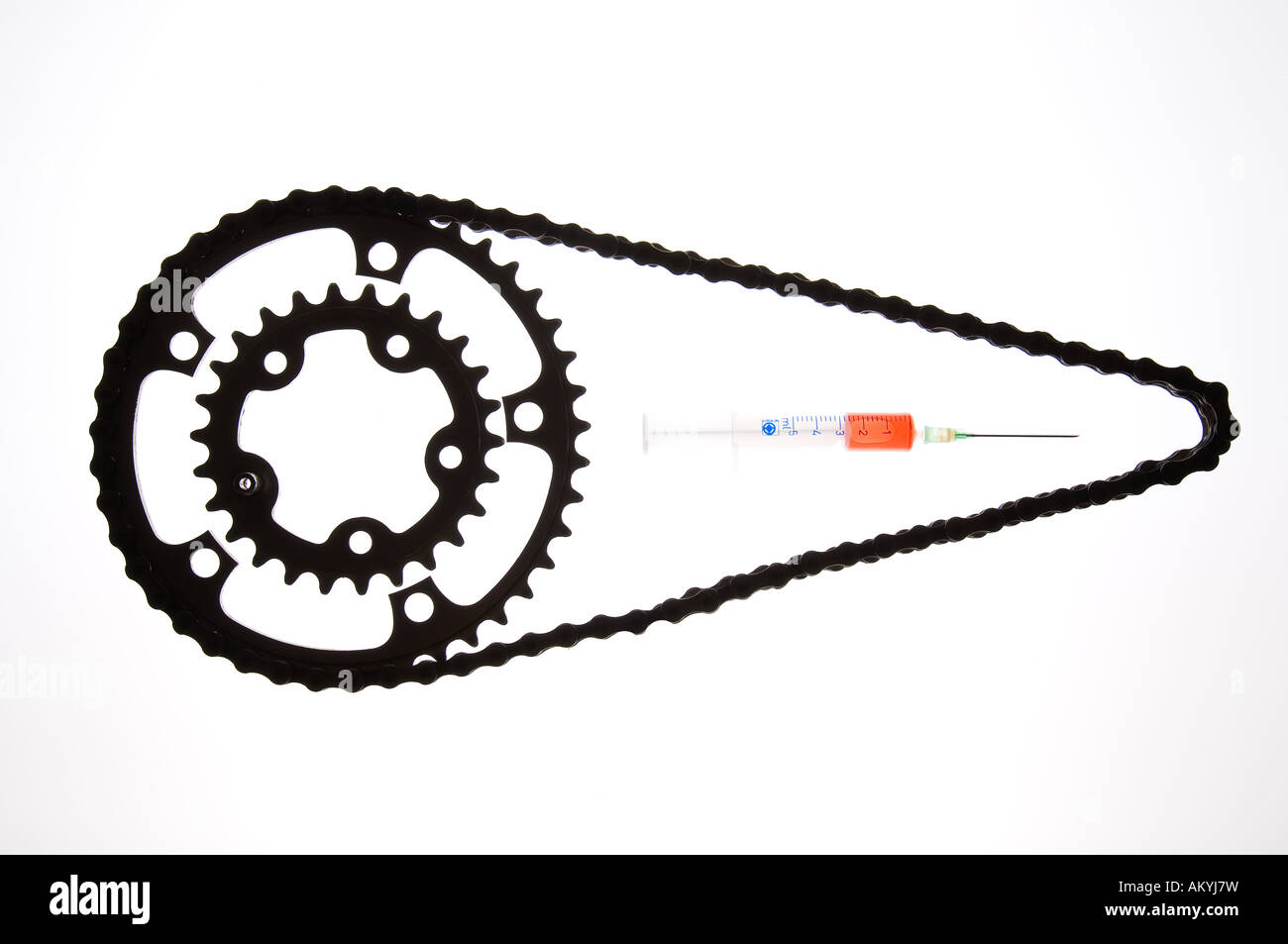 Gear wheels and medicines symbolize medicine abuse (doping) in the cycling. Stock Photo