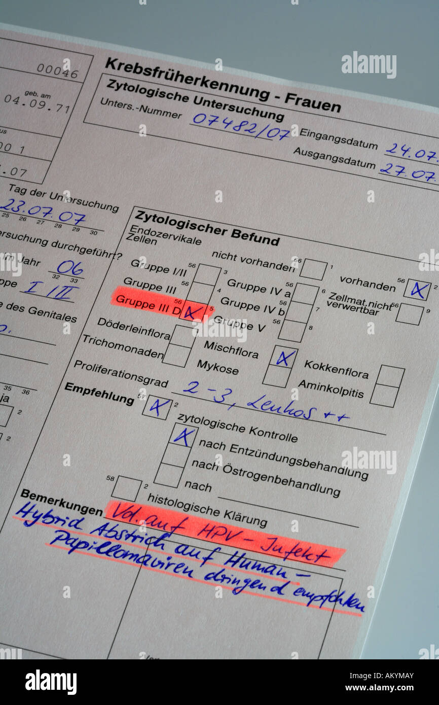 Form of a cancer check-up for women, conspicious cytological results after a cervical smear test, suspicion of HPV-Viruses (cau Stock Photo