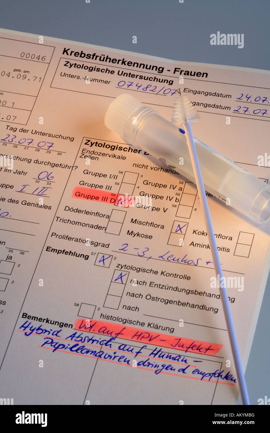 Form of a cancer check-up for women, conspicious cytological results after a cervical smear test, suspicion of HPV-Viruses (cau Stock Photo