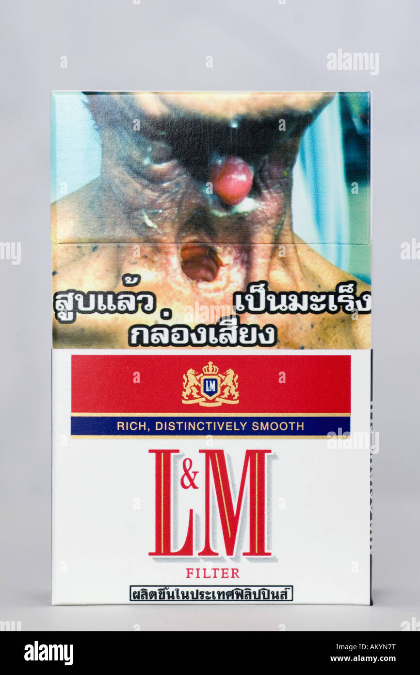 Warning notice on a cigarette box, Thailand Stock Photo