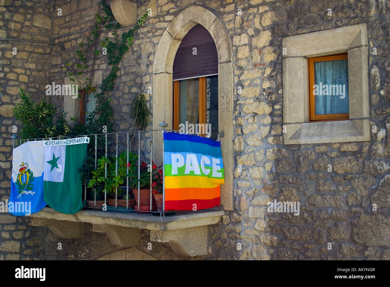 Peace flag at balcony, San Marino Stock Photo