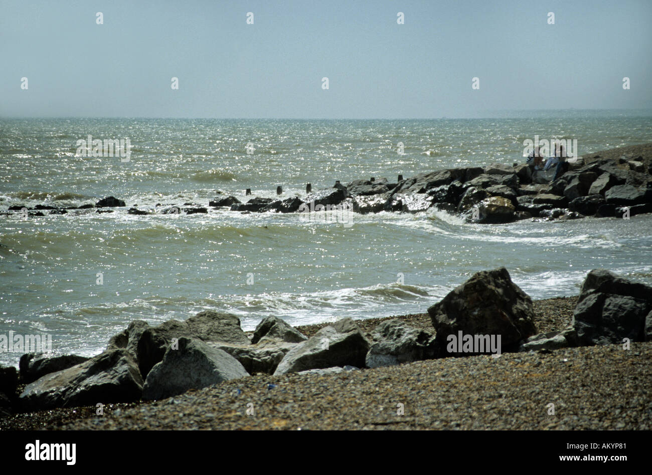 sea defence boulders at Goring by Sea beach helping high tides in rough weather conditions from