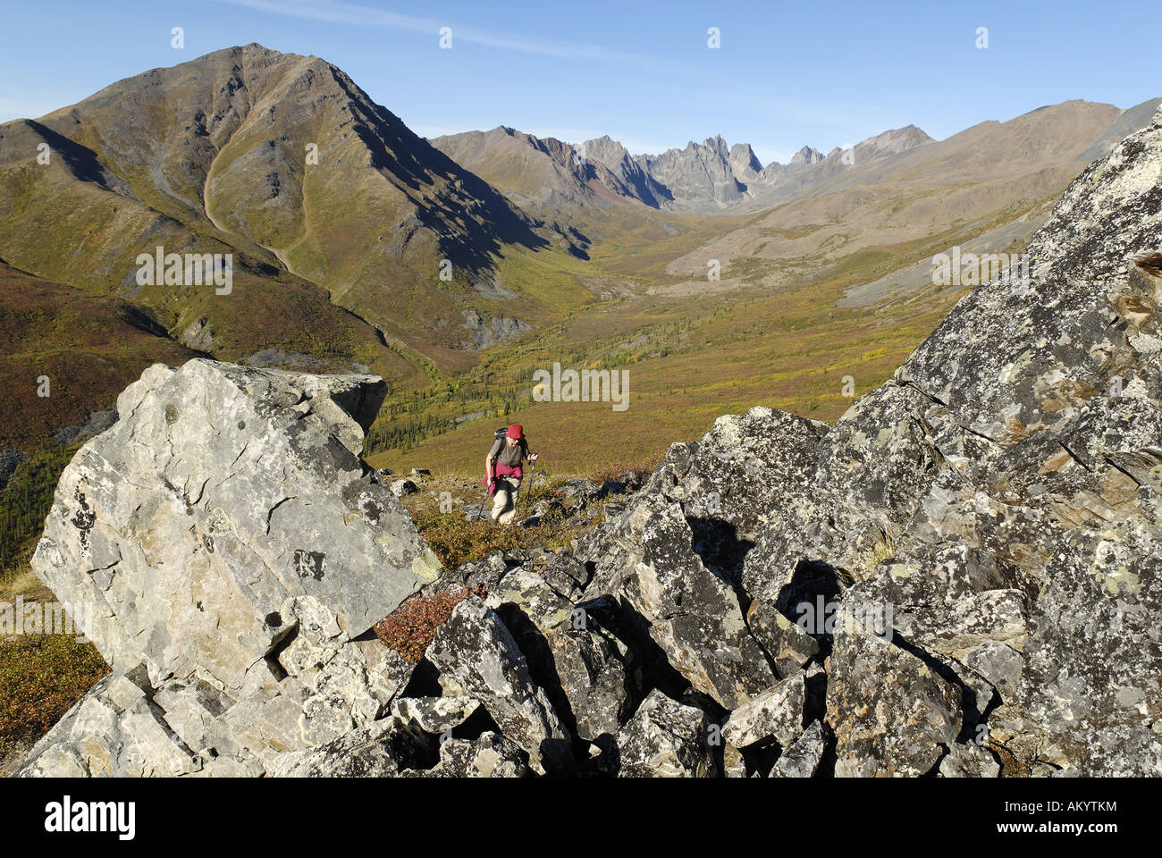 Woman hiking at Tombstone Territorial Park, Dempster Highway, Yukon Territory, Canada Stock Photo