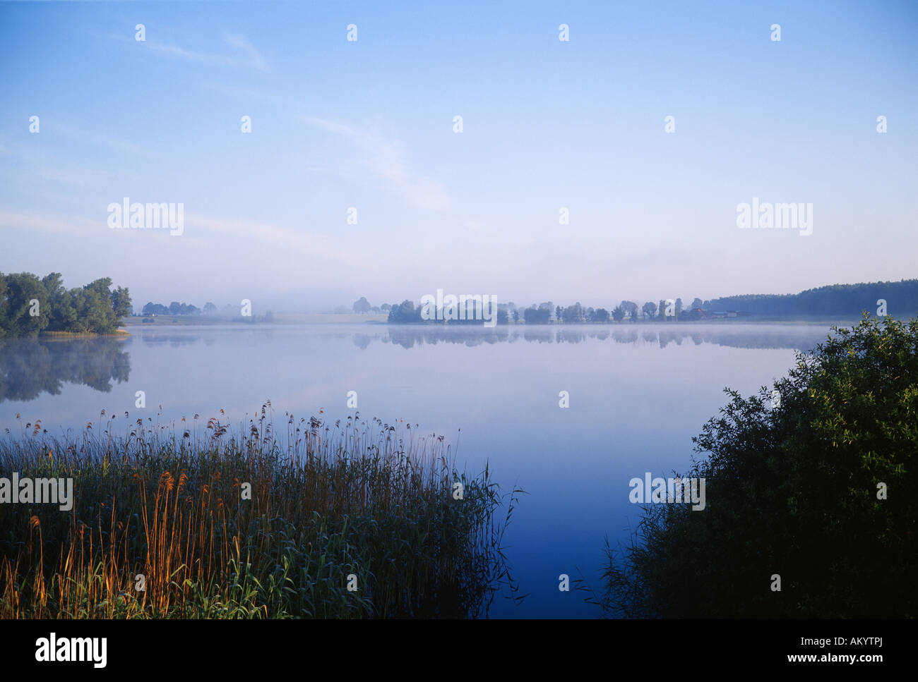 Misty dawn over the masurian lake Kolmowo in Poland. Morgenlicht über dem Kolmowo See in Masuren. Stock Photo