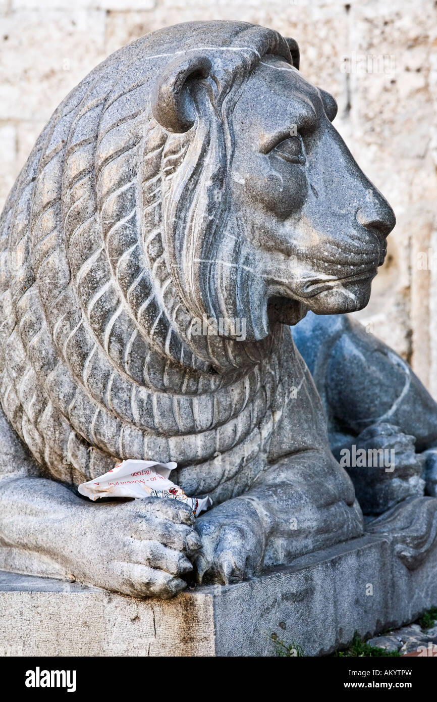 Carving of a male lion in the town square of Norcia in the Parco ...