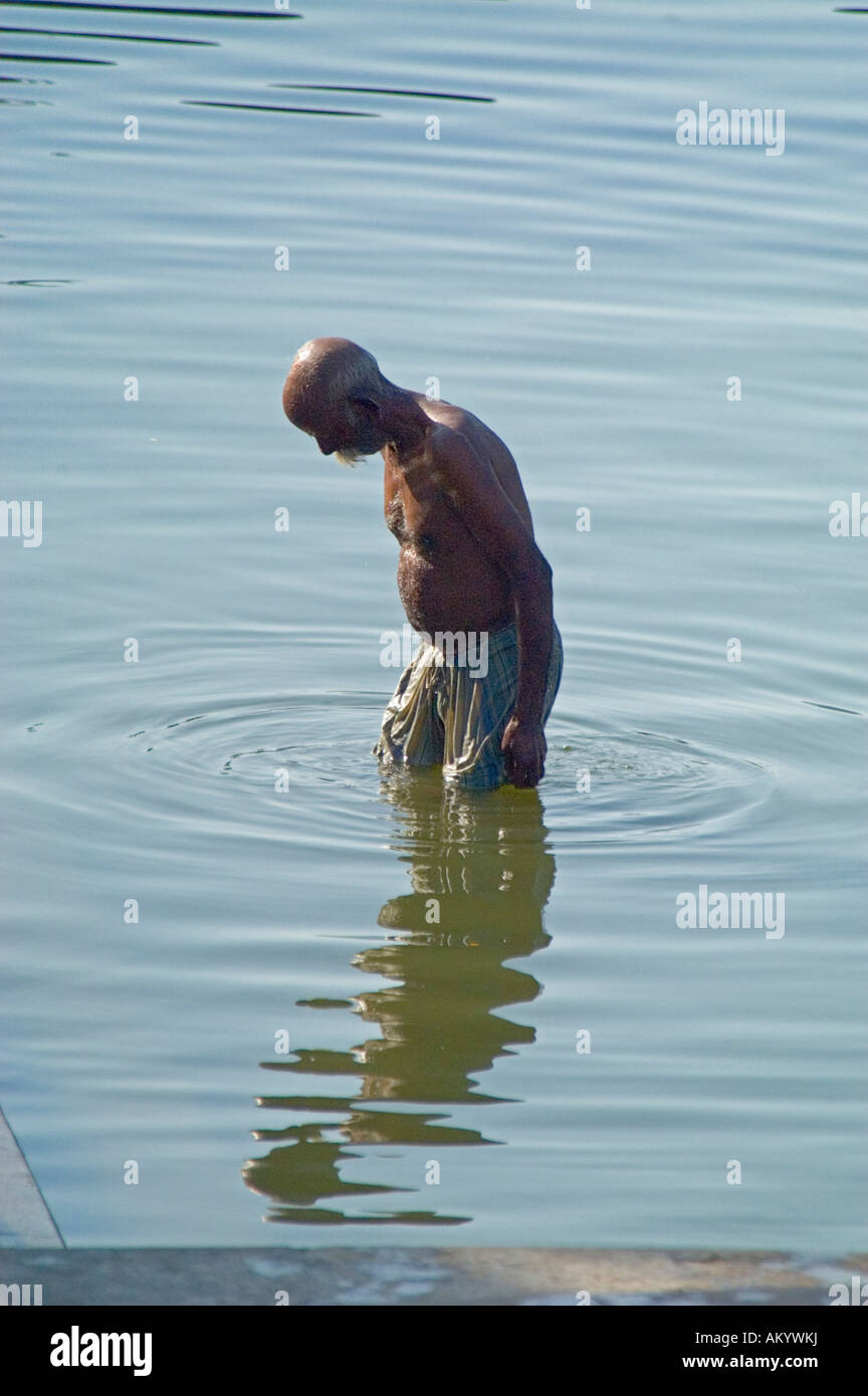 A Hindu pilgrim bathes in Pushkar Lake, Rajasthan, India. - Stock Image