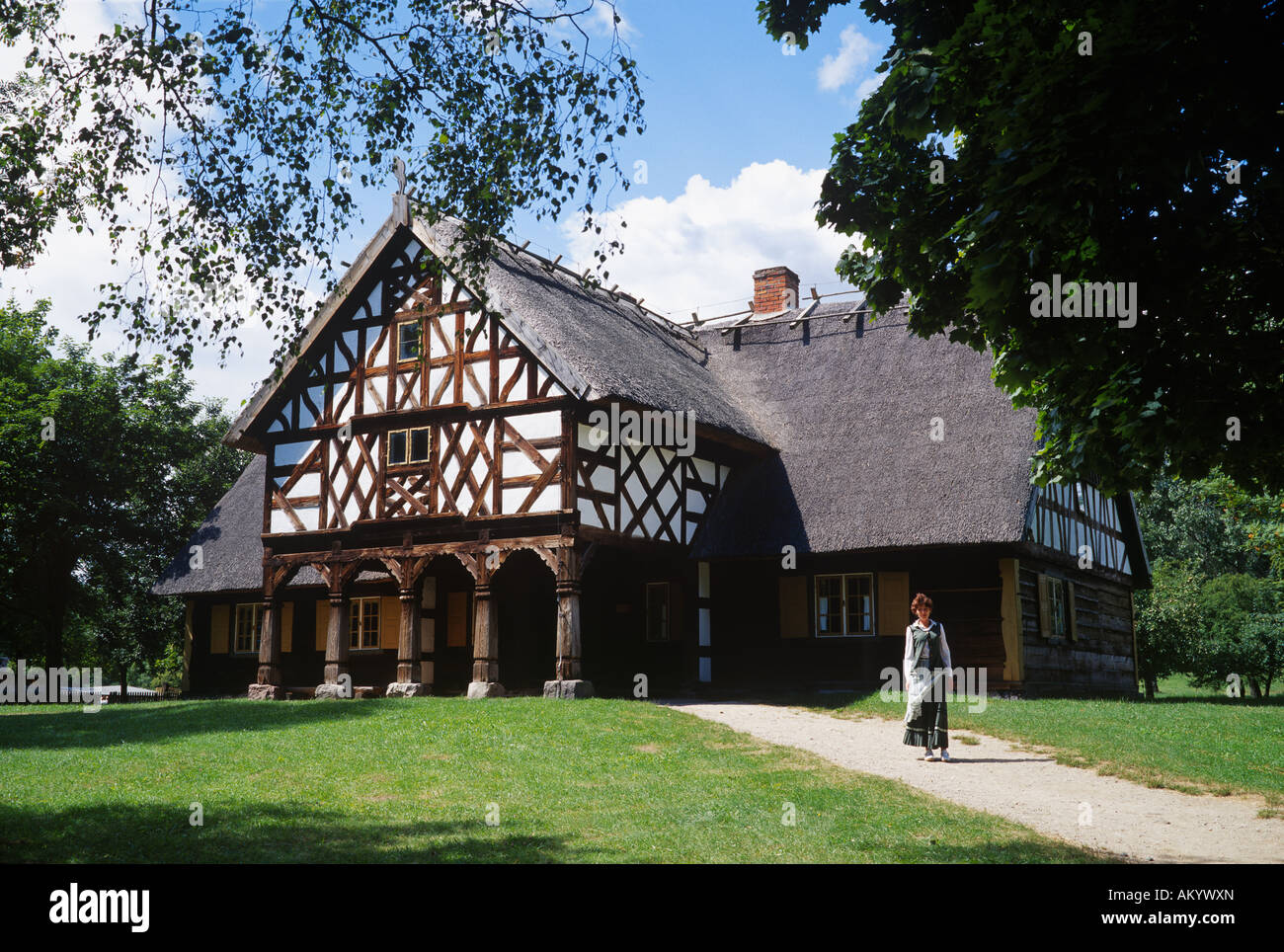 Open-air museum in Olsztynek for traditional country-style architecture in masuria with a typical half-timbered construction. Stock Photo