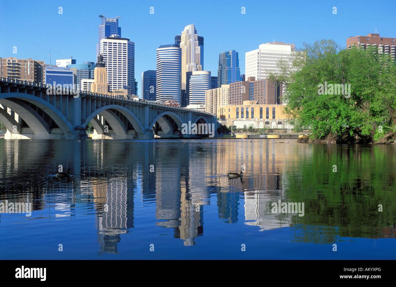 Minneapolis skyline reflected in the Mississippi River Minnesota Stock