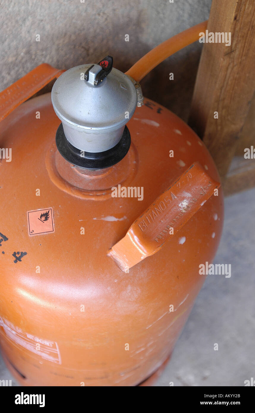 Gas bottle gas supply calor gas barbecue fuel tank can Stock Photo