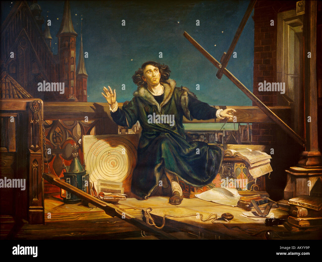 Oil on Canvas (1873): The famous astronomer Nicolaus Copernicus with Triquetrum, in the background the Frombork Cathedral. Stock Photo