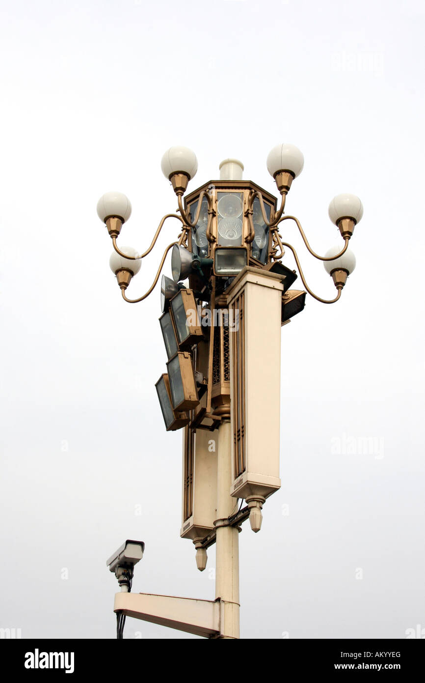 Street lamp with speakers and video surveillance, Tiananmen Square, Beijing, China Stock Photo