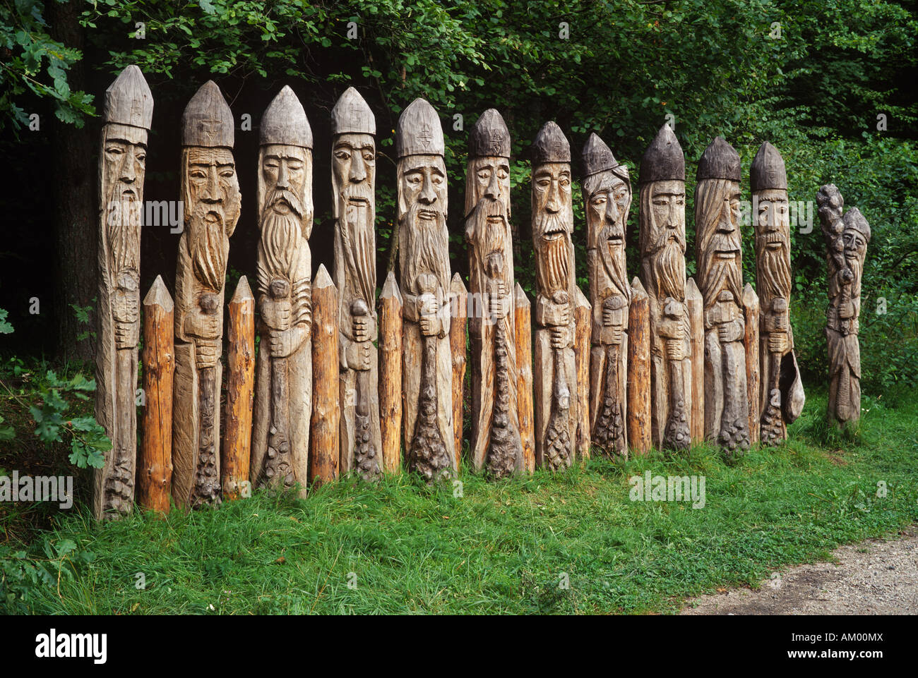 A dozen wooden brave of the pagan masurian tribes (Galindians), who were proselytized by the swords of the Teutonic Order. Stock Photo
