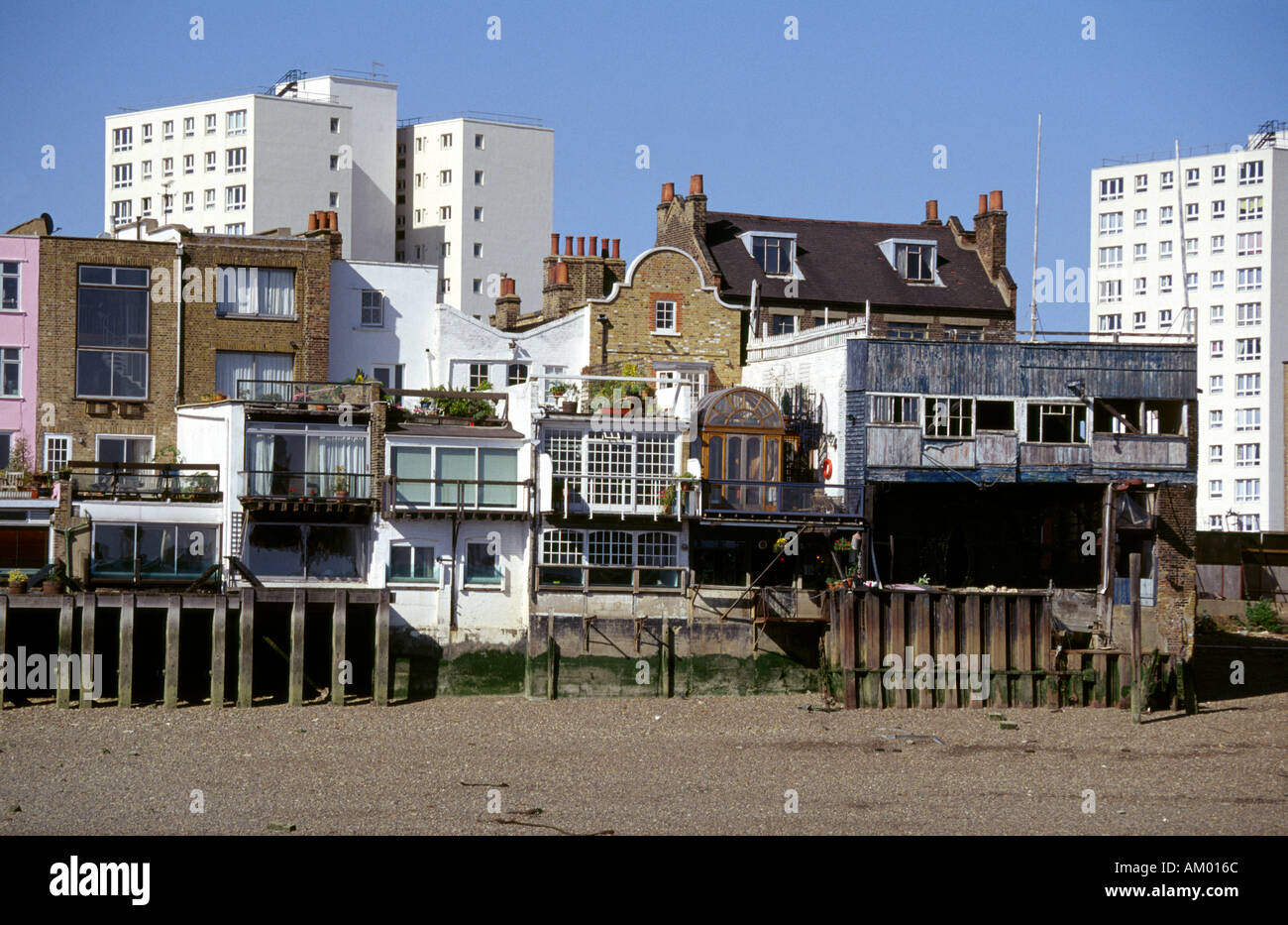 View of the North Bank Riverside of the Thames at Wapping from a Boat Stock Photo
