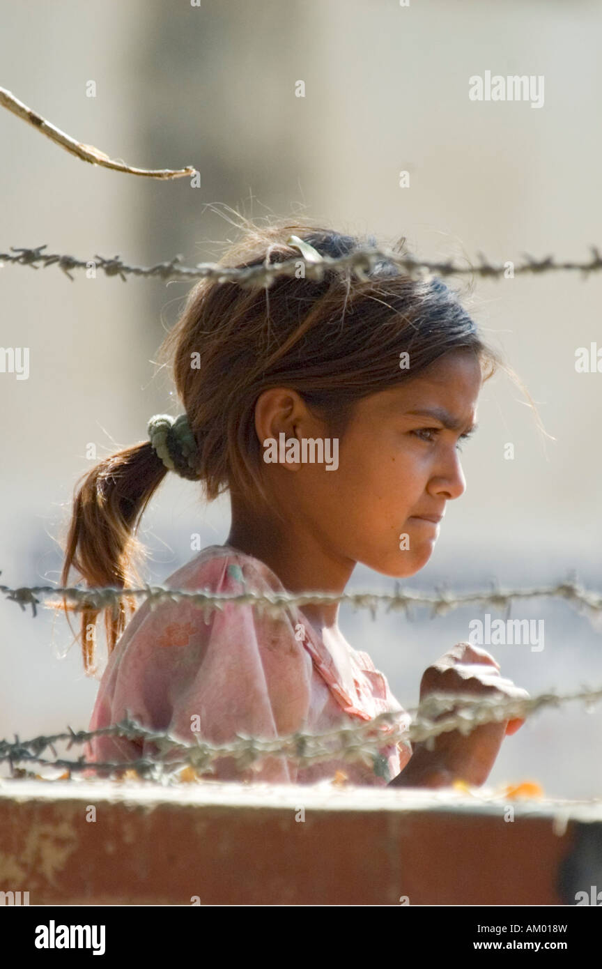 A young Dalit, or untouchable, girl gazes longingly into the courtyard of the village government school in Nimaj, - Stock Image