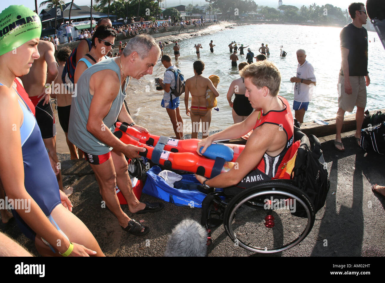 Handicapped Triathlete Zbynek Svehla (CZ) preparing for the Ironman world championship in Kailua-Kona, Hawaii, USA Stock Photo