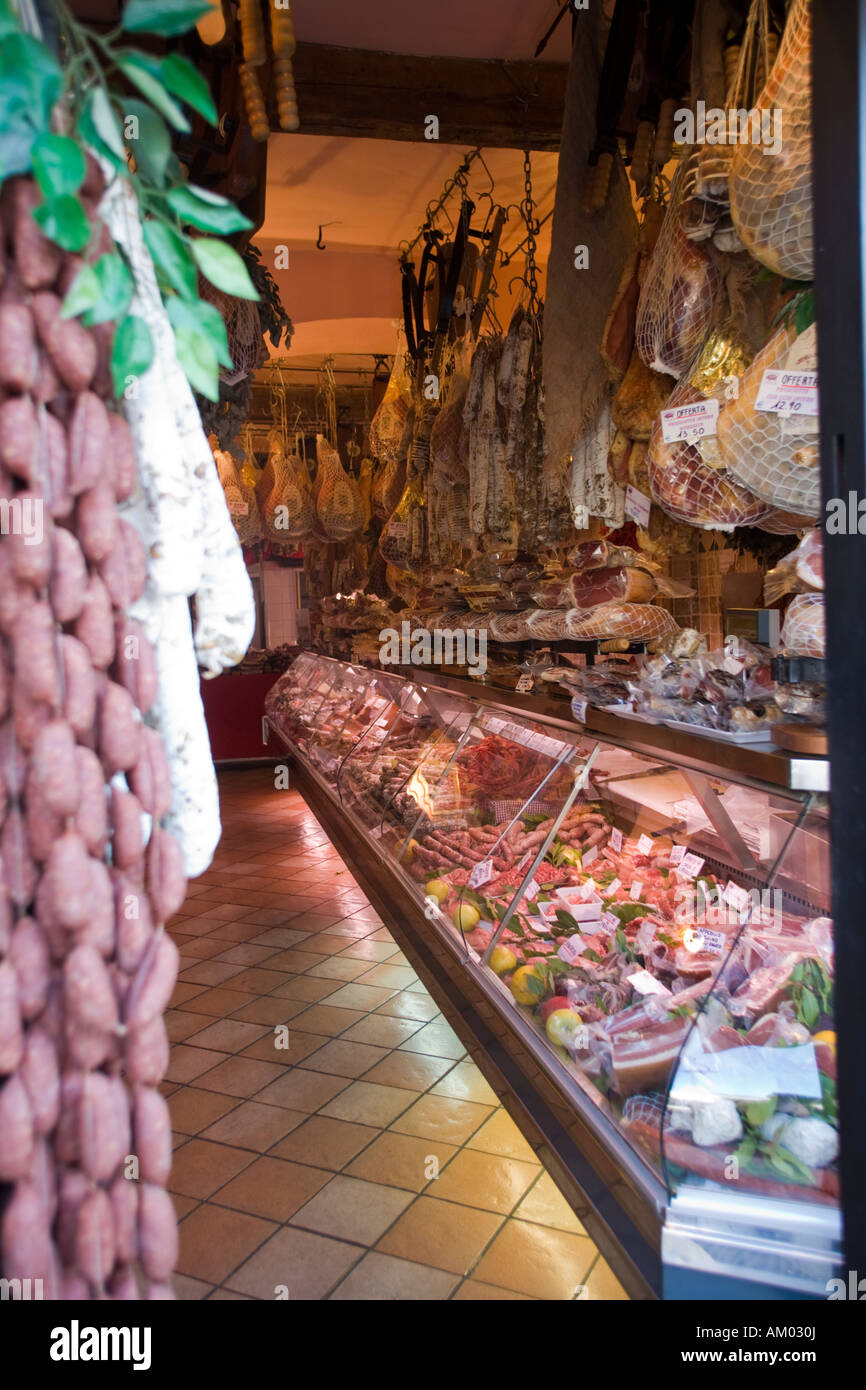 Inside an Italian butchers shop Stock Photo