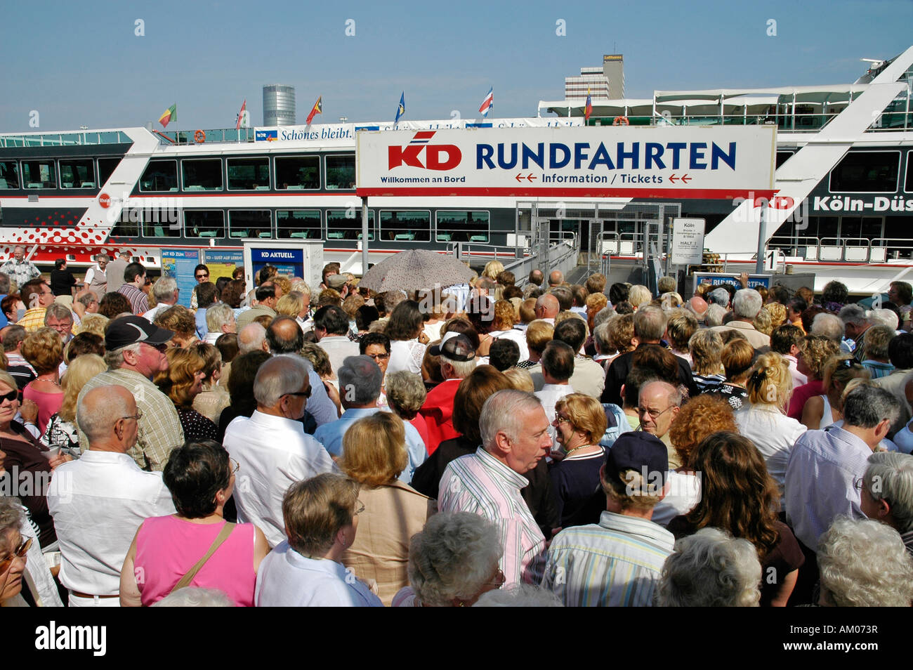People boarding on a Rhine ship, KD, Cologne, North Rhine-Westphalia, Germany Stock Photo