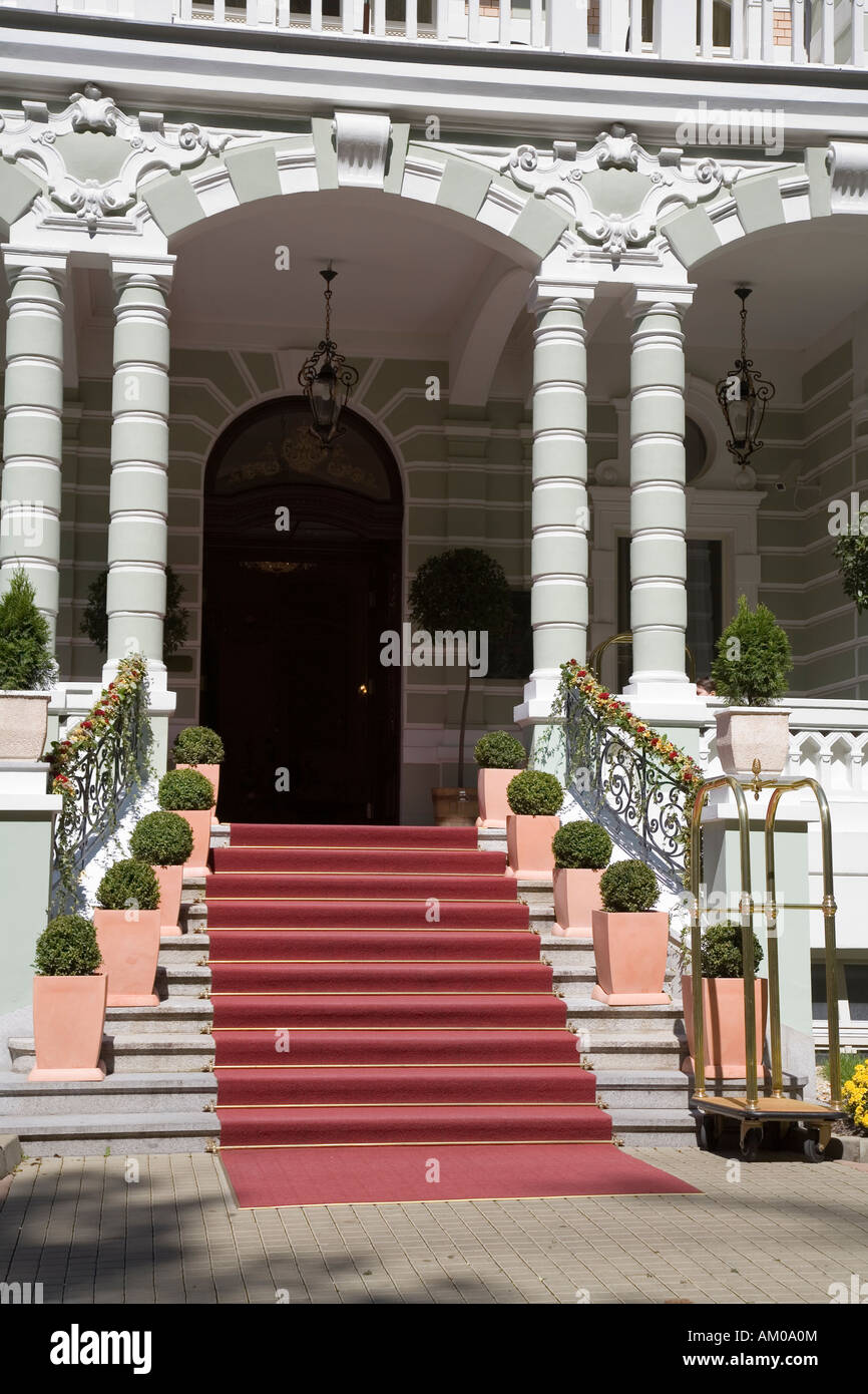 Hotel with red carpet on entrance steps Karlovy Vary Czech Republic Stock Photo