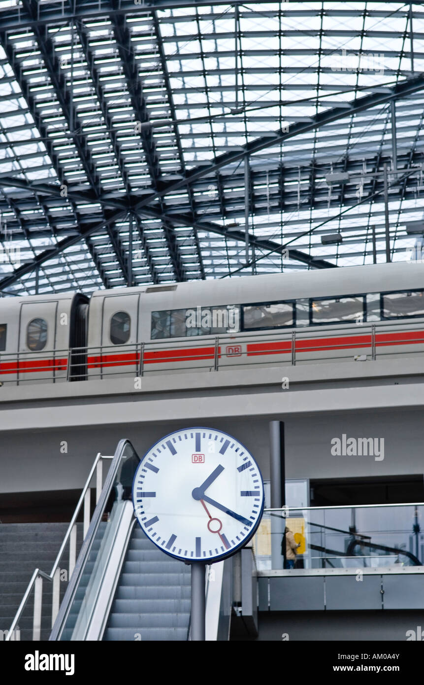 Station clock and ICE train, main station, Berlin, Germany Stock Photo