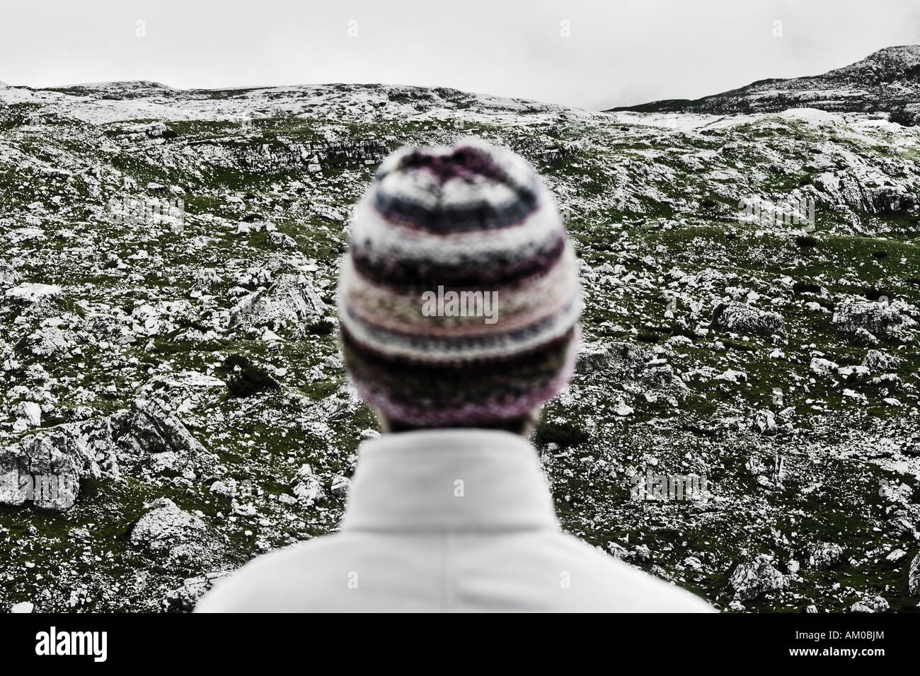Head Of Mountaineer Viewed From Behind Dolomites Italy Stock Photo