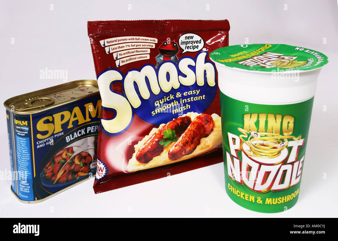 junk food retro spam smash pot noodle unhealthy diet Stock Photo