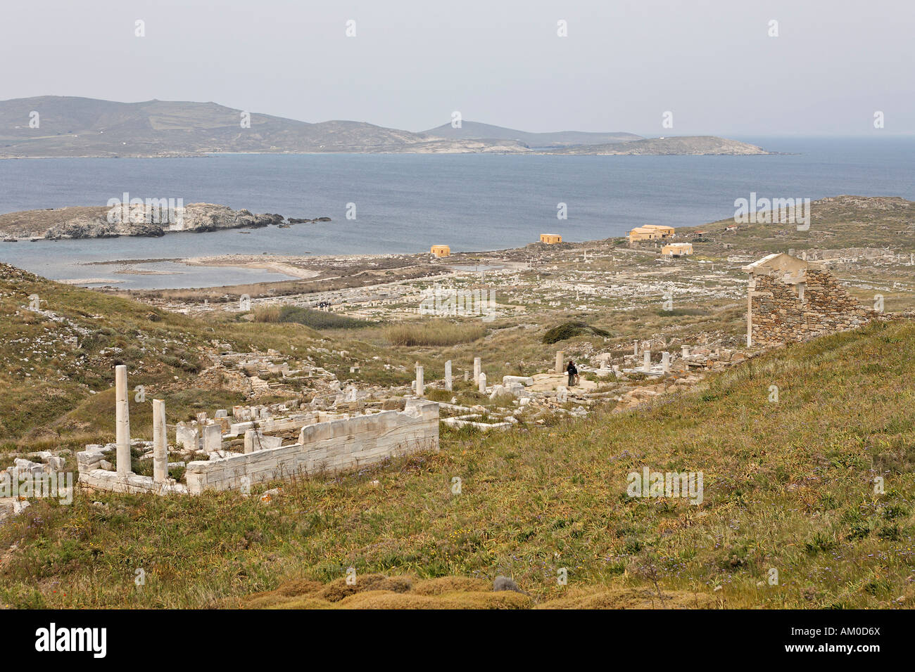 Temple of Hera and sanctuaries of foreign gods above archaeolgical area , Delos, Greece Stock Photo