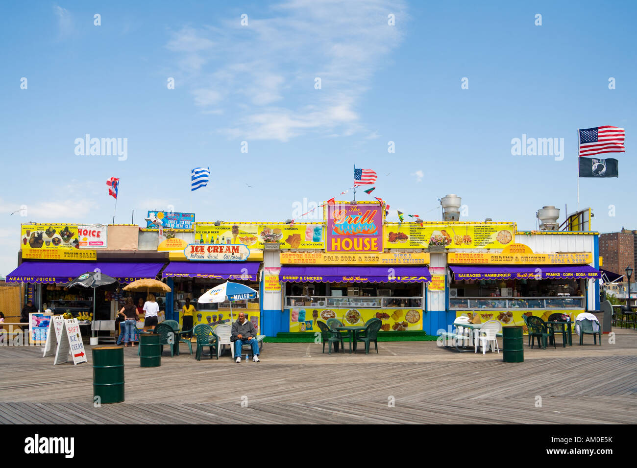 Boarswalk with Snack bars and ice cream shop, Coney Island, New York