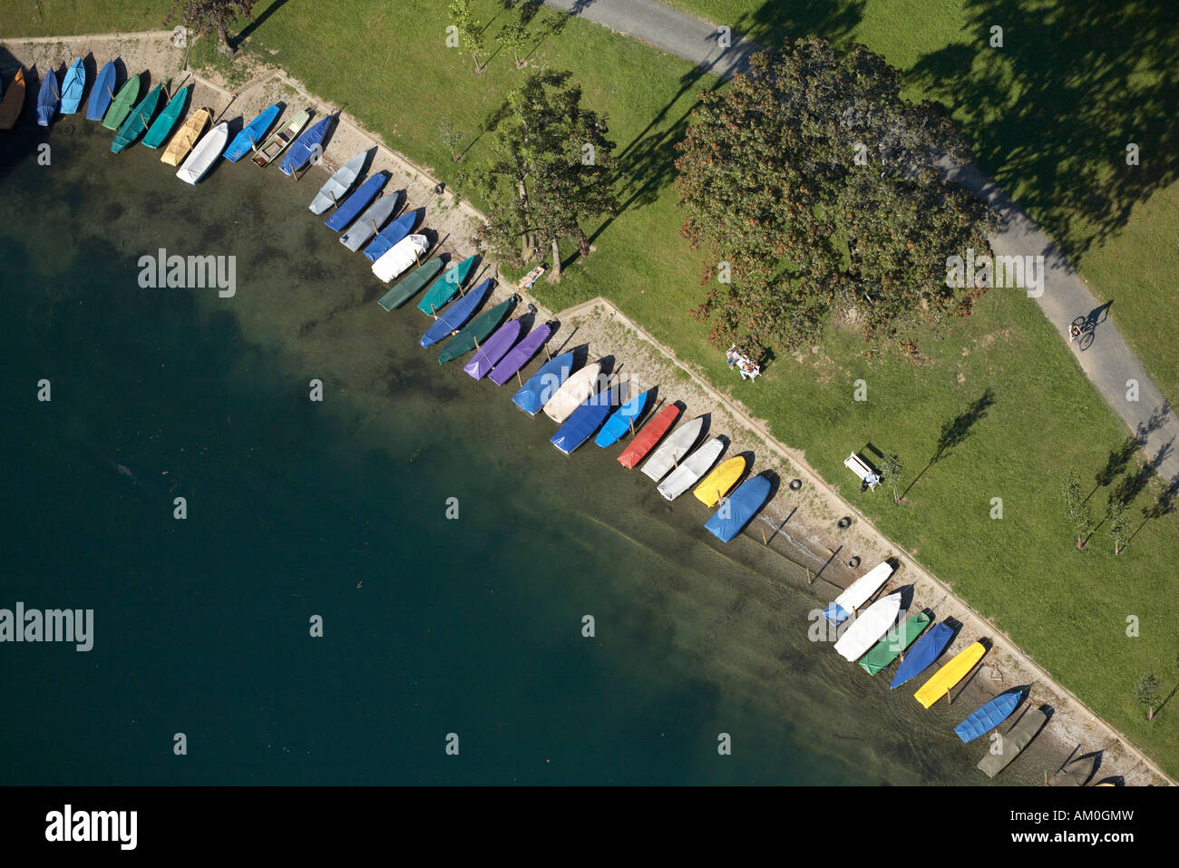 Boats seen from the air, Seeboden, Millstaetter See (Lake Millstatt), Carinthia, Austria Stock Photo