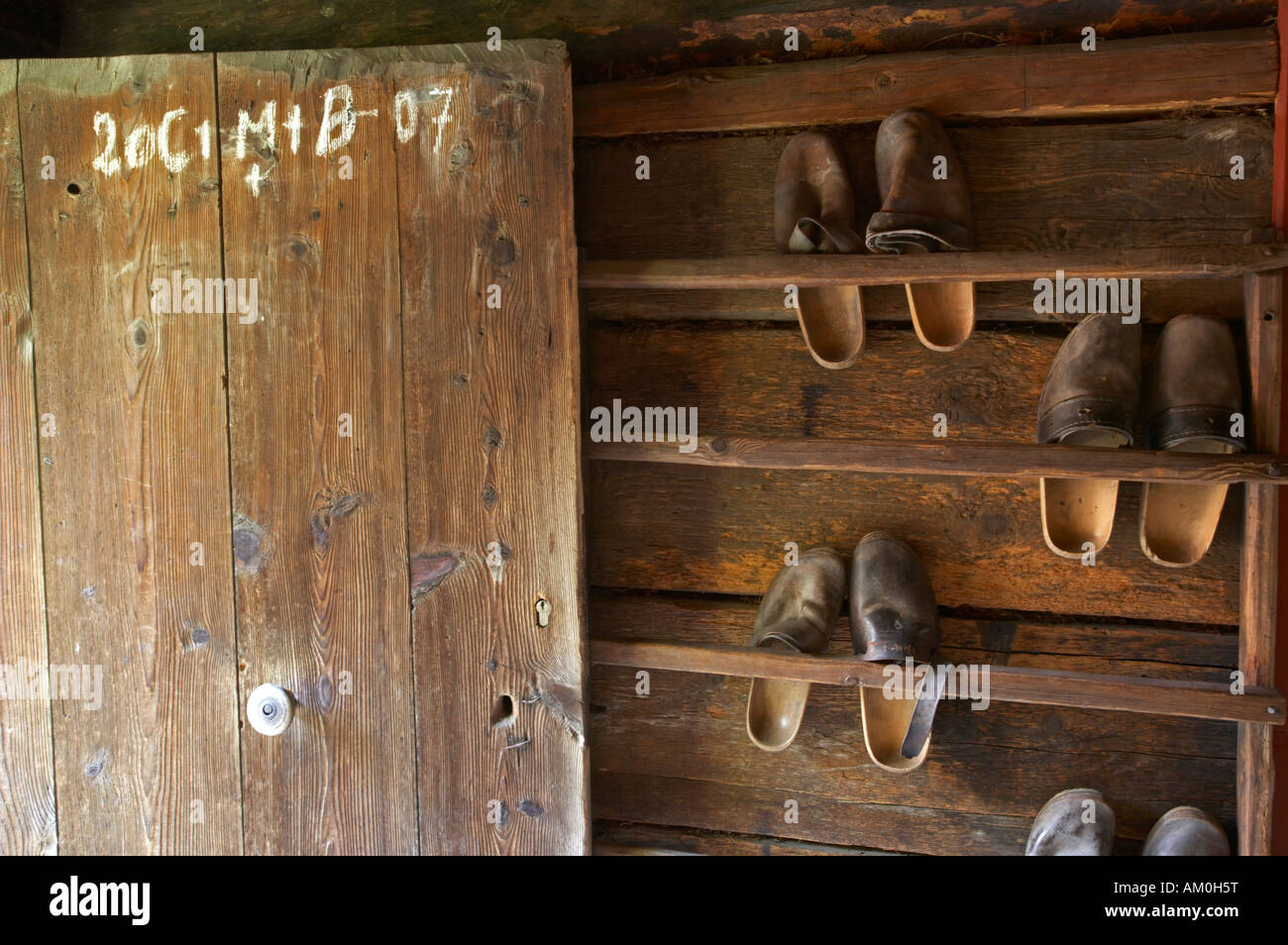 Door and shoes, Maria Saal open air museum, Carinthia, Austria Stock Photo