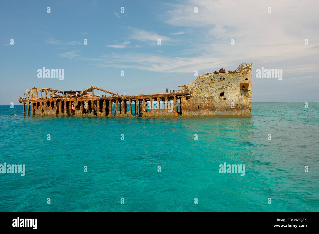 Cement ship wreck in Harbour, South Bimini, Bahamas Stock Photo