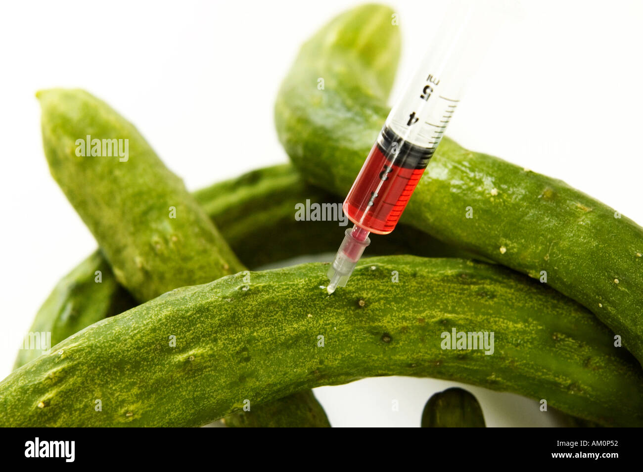 syringe in green cucumbers gm ogm food modificarion