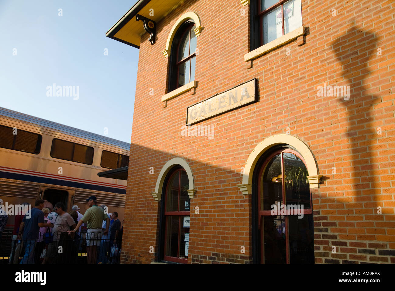 ILLINOIS Galena Train passengers wait to board Amtrak train at depot special route for Country