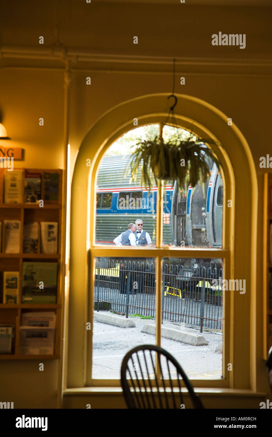 ILLINOIS Galena Amtrak train at depot viewed from inside of train depot