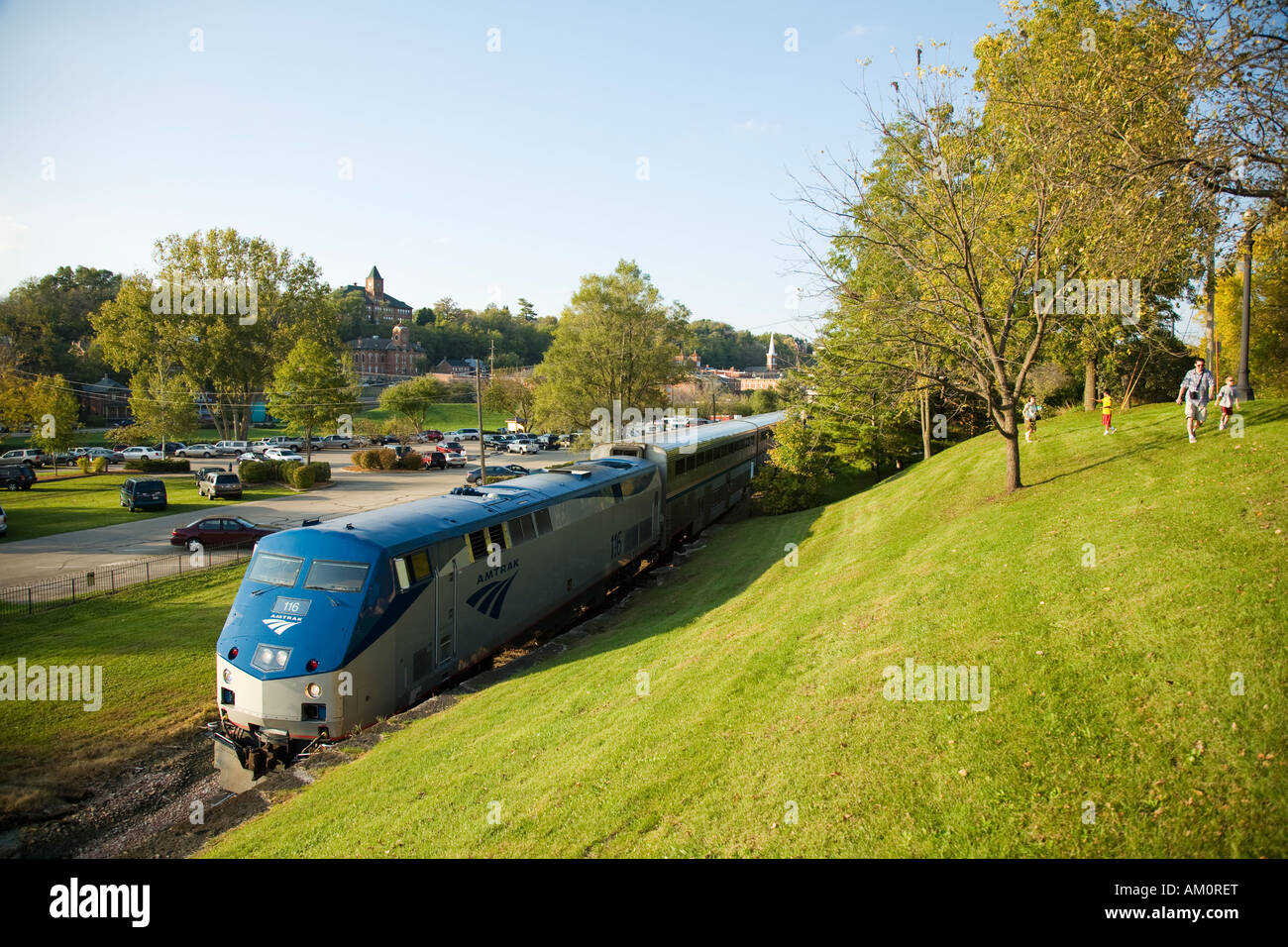 ILLINOIS Galena Amtrak train at depot special route for Country Fair weekend family walk on