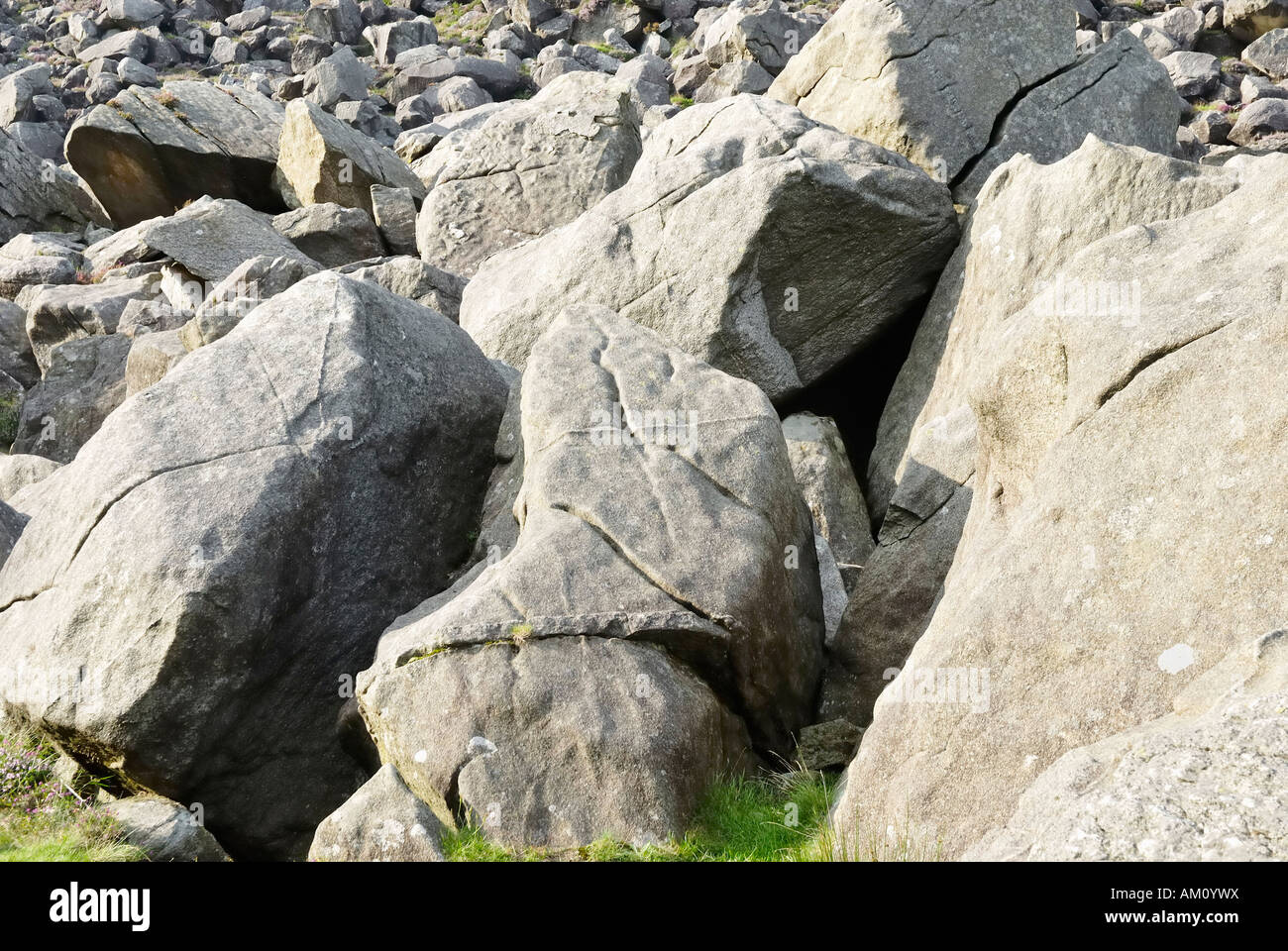 Gigantic granite rocks, relicts of a rock slide at lake Glendalough, Co Wicklow, Ireland Stock Photo