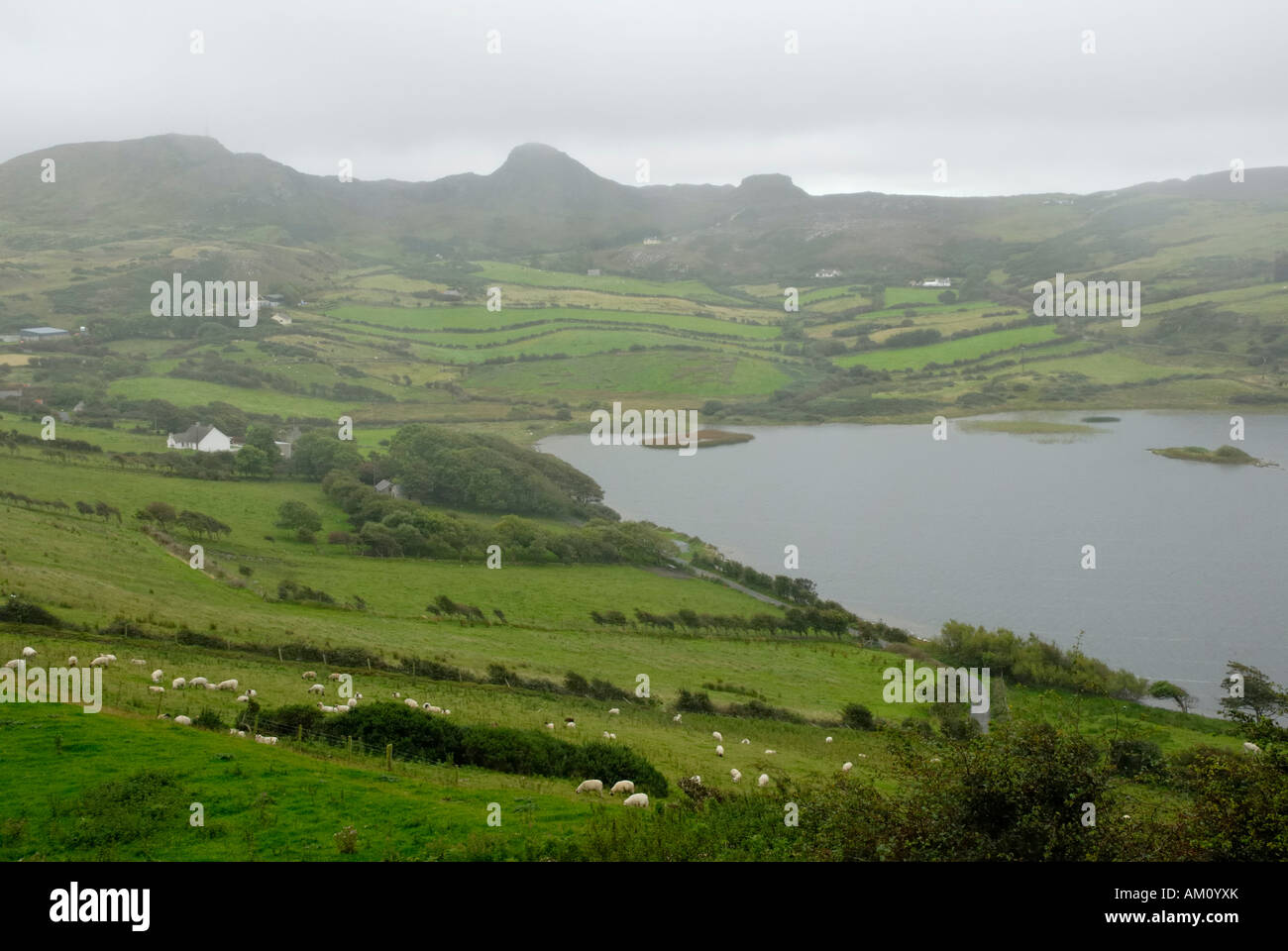 Rain shower sweeping over landscape at Fanad Head, Co Donegal Ireland Stock Photo