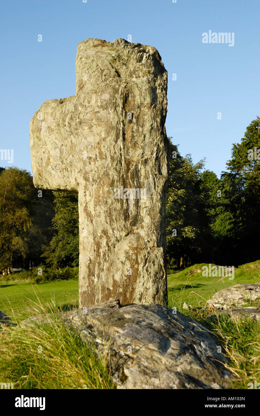 Early christian stone cross made from metomorphic rock, near Glendalough Co Wicklow Ireland Stock Photo