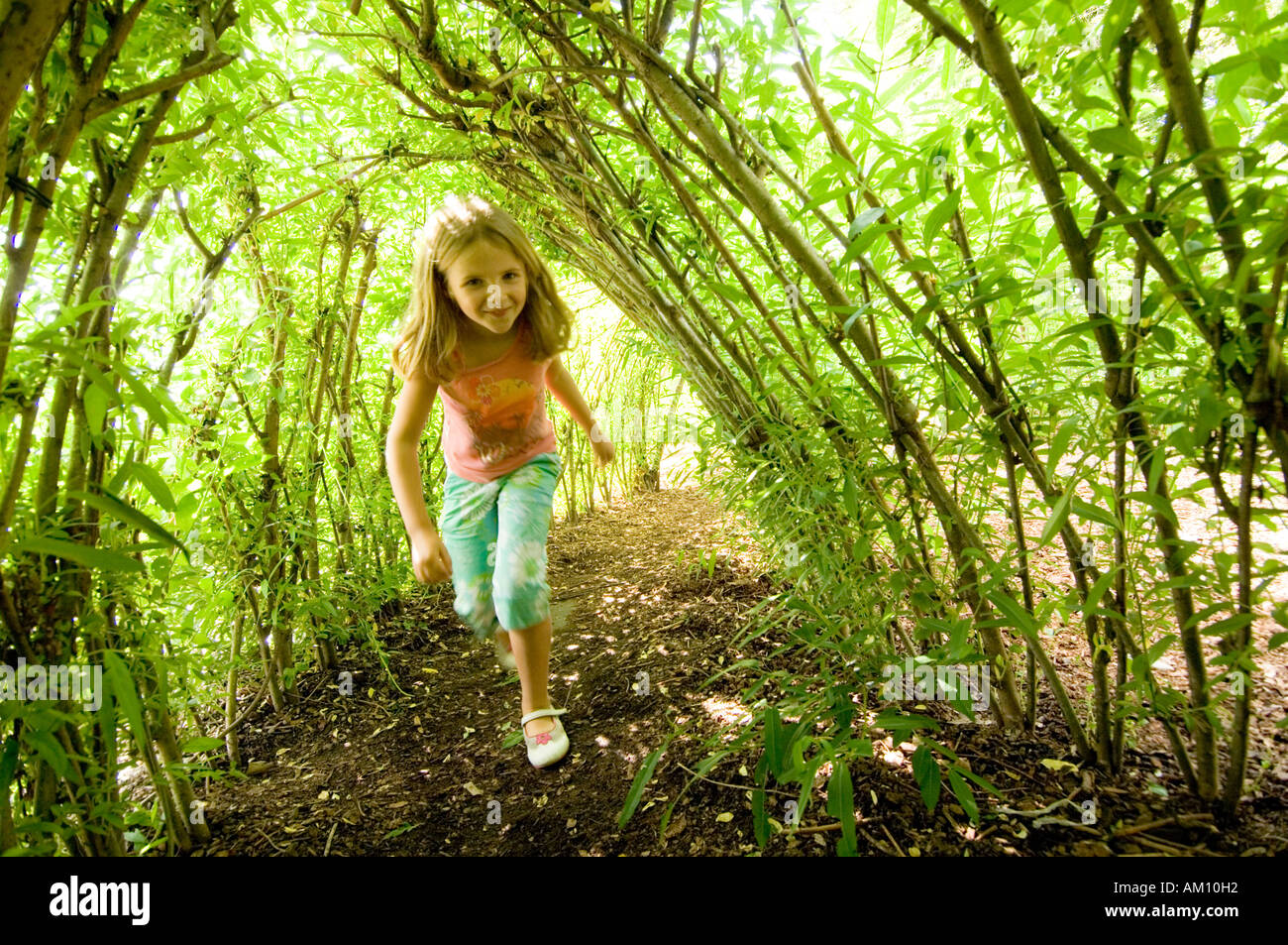 The Botanic Garden of Wales Llanarthne Carmarthen, a smiling young girl playing in the living willow tunnel Stock Photo