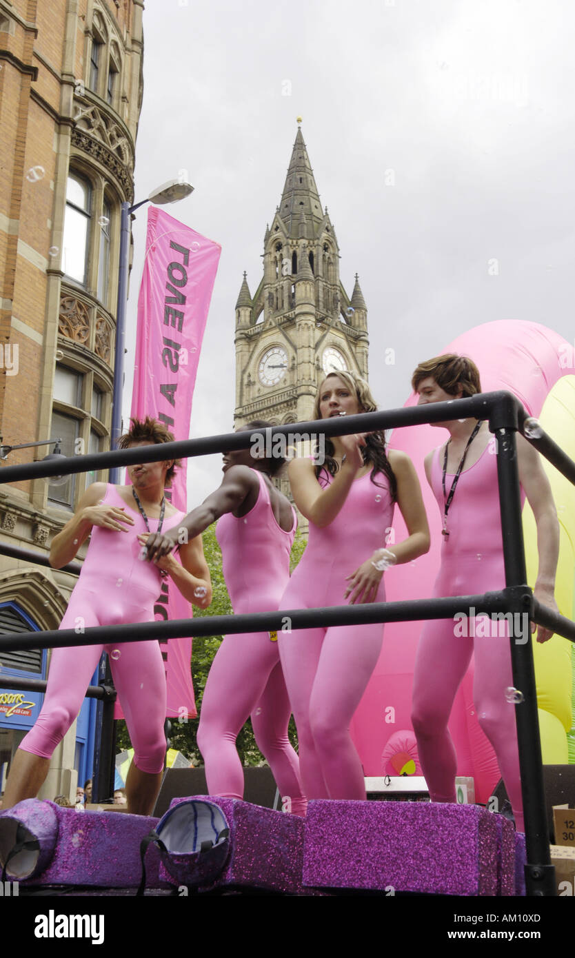 Pink Lycra Dancers Gay Float Albert Square Town Hall Clock Stock Photo Alamy
