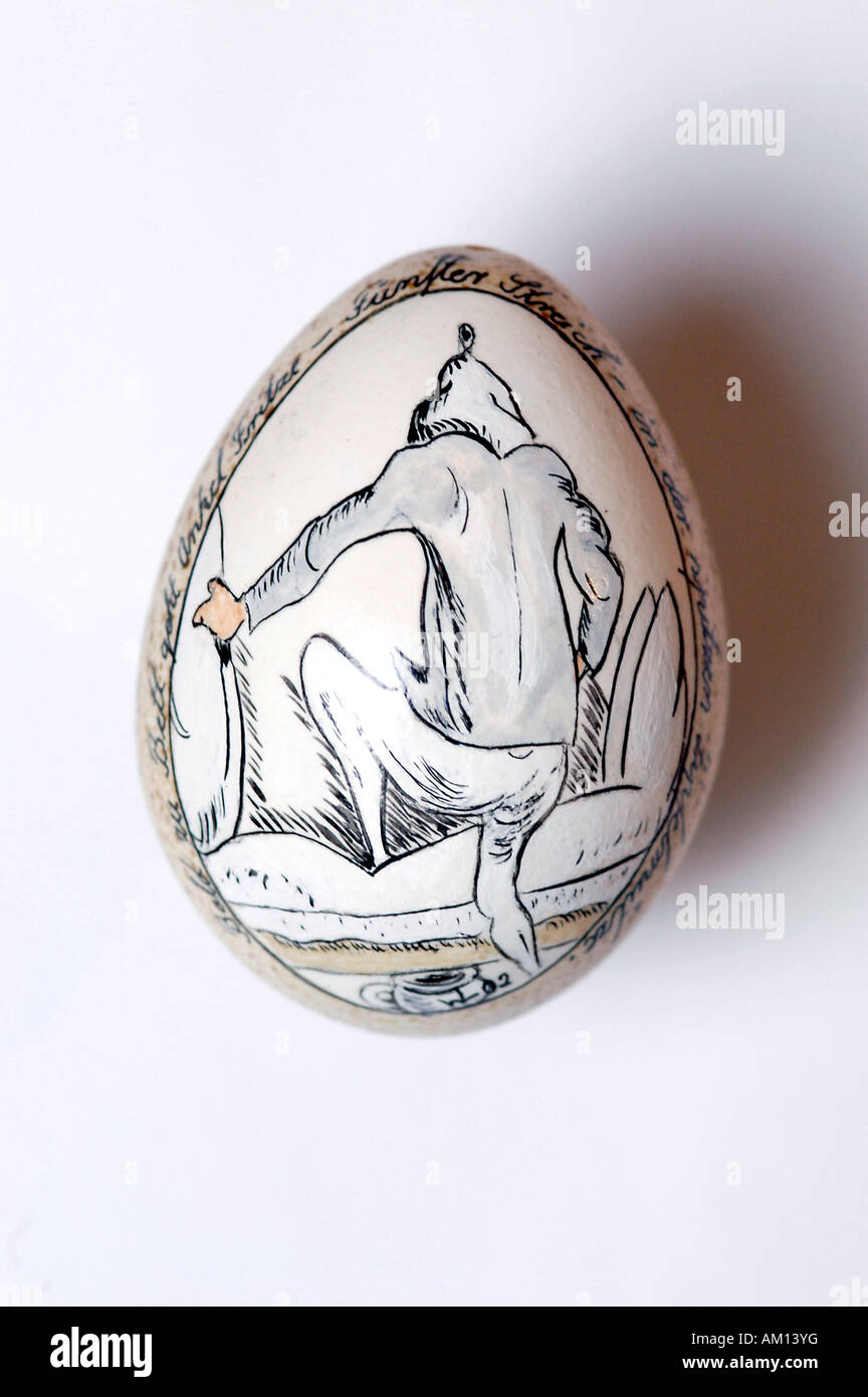 Artistically painted easter eggs drawings of Wilhelm Busch. Stock Photo