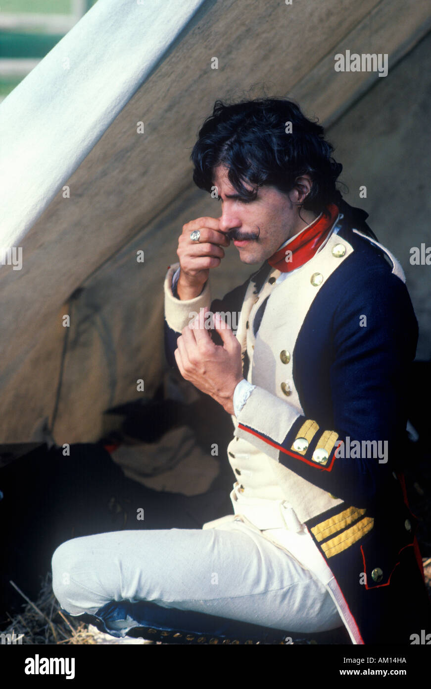 Close up of Revolutionary war reenactment soldier in camp Stock Photo