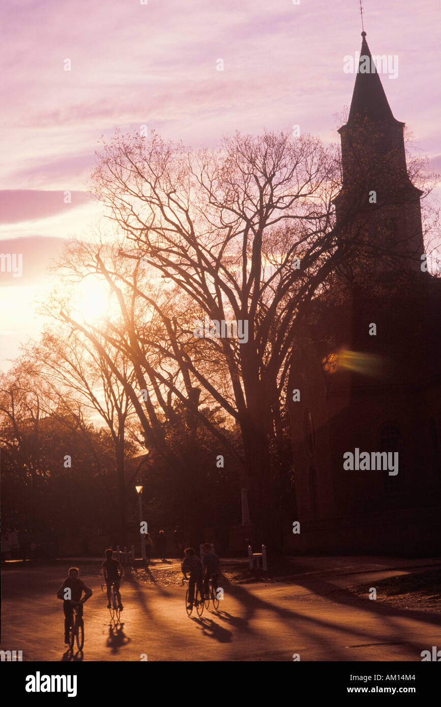 Silhouette of Bruton Parish steeple at sunset Williamsburg Virginia Stock Photo